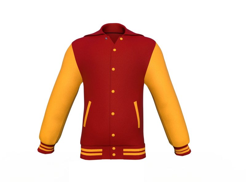 Maroon Varsity Letterman Jacket with Gold Sleeves - Shearling leather