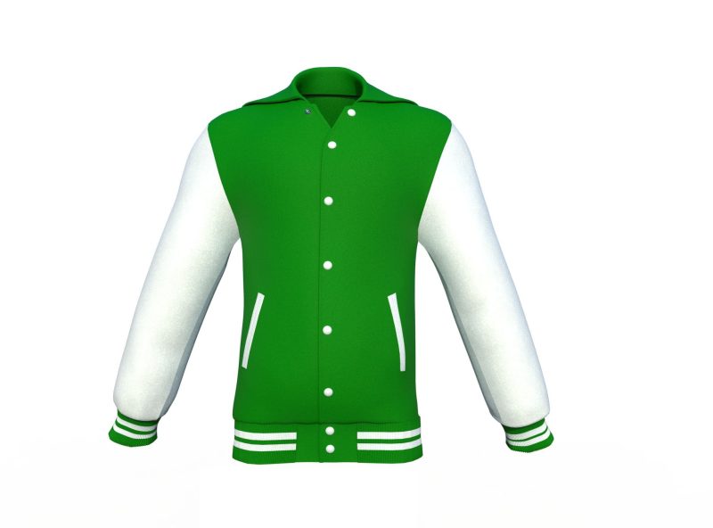 Dark Green Varsity Letterman Jacket with White Sleeves - Shearling leather