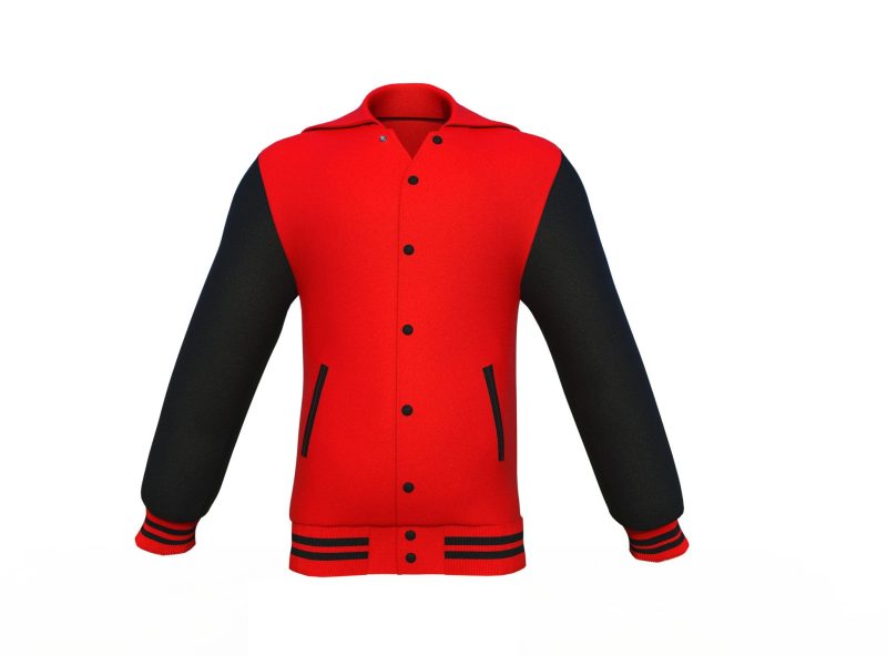 Red Varsity Letterman Jacket with Black Sleeves - Shearling leather