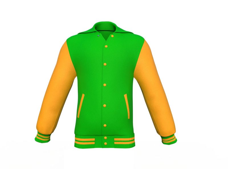 Light Green Varsity Letterman Jacket with Gold Sleeves - Shearling leather