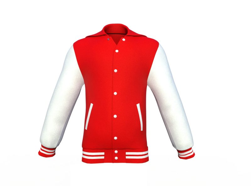 Red Varsity Letterman Jacket with White Sleeves - Shearling leather