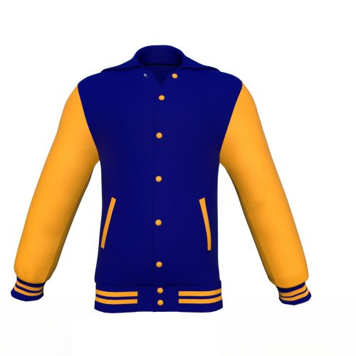 Navy Varsity Letterman Jacket with Gold Sleeves - Shearling leather