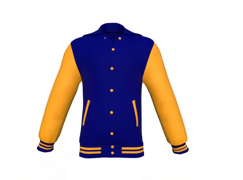 Navy Varsity Letterman Jacket with Gold Sleeves - Shearling leather