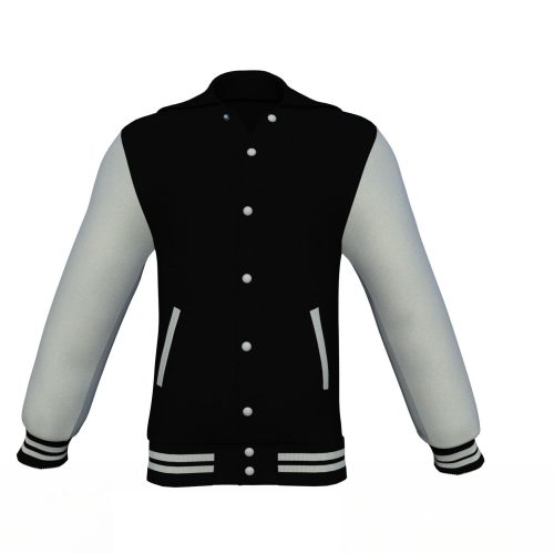 Black Varsity Letterman Jacket with Grey Sleeves - Shearling leather