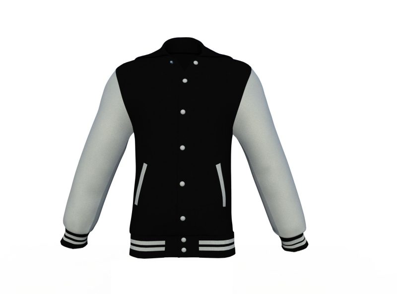 Black Varsity Letterman Jacket with Grey Sleeves - Shearling leather