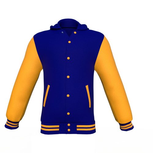 Navy Varsity Letterman Jacket with Gold Sleeves - Shearling leather