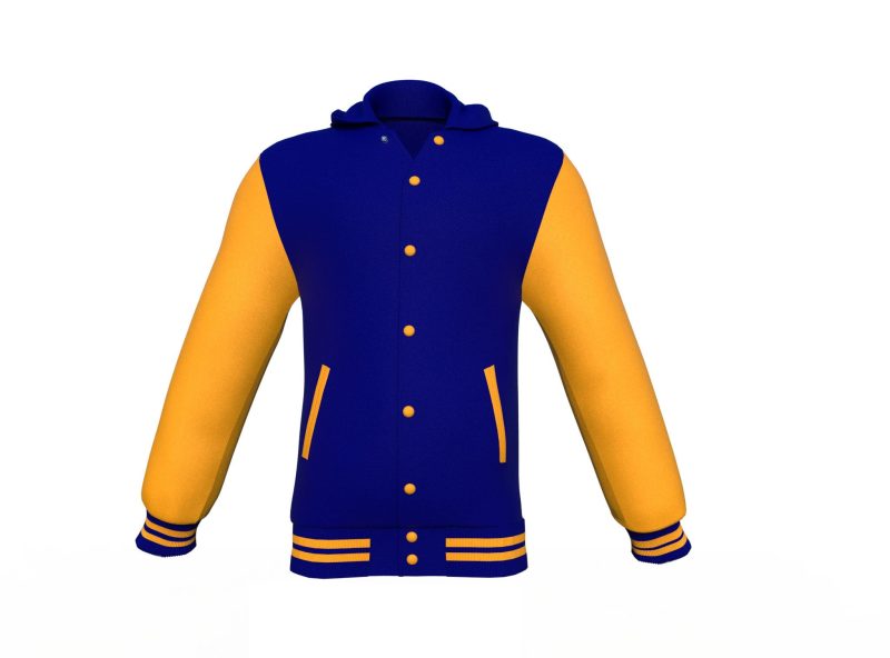 Navy Varsity Letterman Jacket with Gold Sleeves - Shearling leather