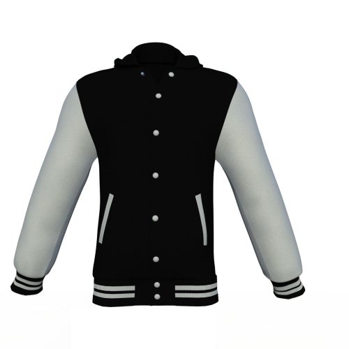 Black Varsity Letterman Jacket with Grey Sleeves - Shearling leather