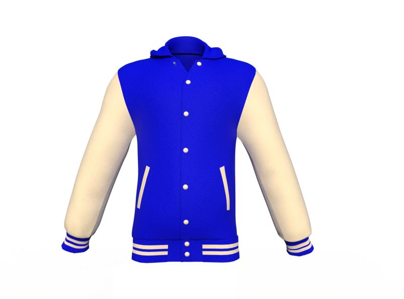 Blue Varsity Letterman Jacket with Cream Sleeves - Shearling leather