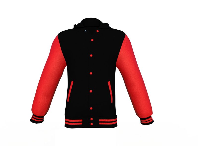 Black Varsity Letterman Jacket with Red Sleeves - Shearling leather