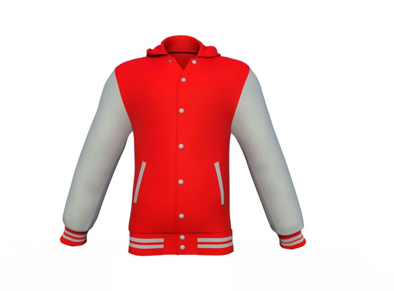 Red Varsity Letterman Jacket with Grey Sleeves - Shearling leather