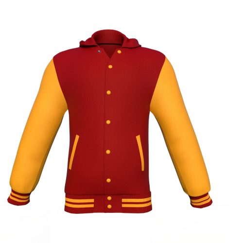 Maroon Varsity Letterman Jacket with Gold Sleeves - Shearling leather