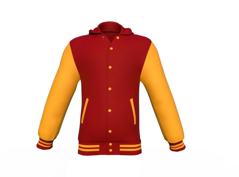 Maroon Varsity Letterman Jacket with Gold Sleeves - Shearling leather