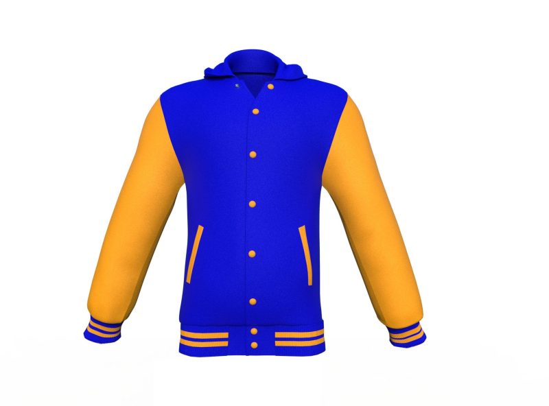 Blue Varsity Letterman Jacket with Gold Sleeves - Shearling leather