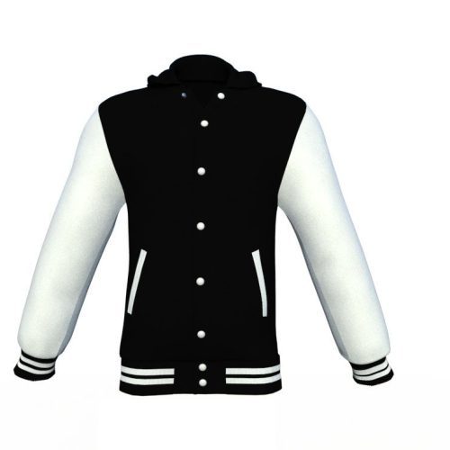 Black Varsity Letterman Jacket with White Sleeves - Shearling leather