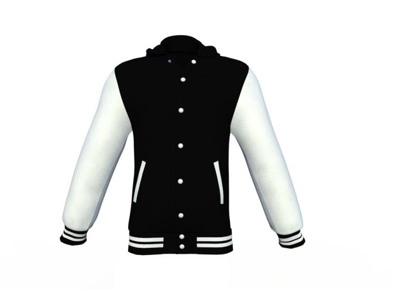 Black Varsity Letterman Jacket with White Sleeves - Shearling leather