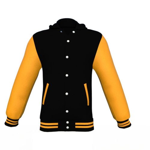 Black Varsity Letterman Jacket with Gold Sleeves - Shearling leather