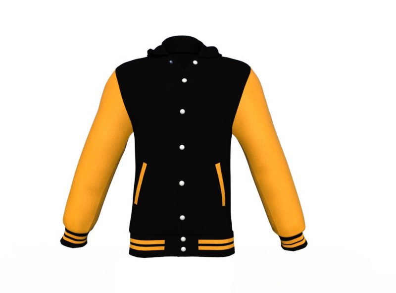 Black Varsity Letterman Jacket with Gold Sleeves - Shearling leather