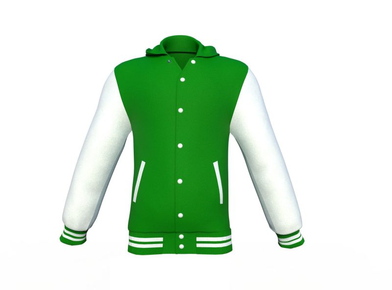 Dark Green Varsity Letterman Jacket with White Sleeves - Shearling leather