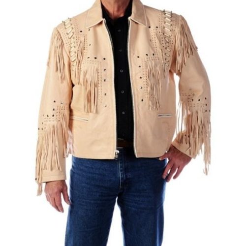 Western Men 1980' Cowboy Cream Color Fringe Jacket - Shearling leather