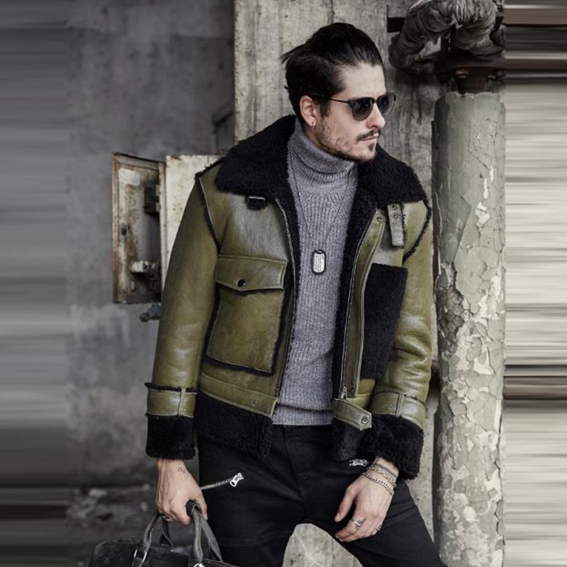 GreenMensRAFFlyingPilotSheepskinShearlingLeatherJacket