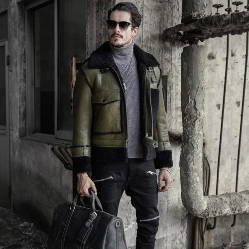 GreenMensRAFFlyingPilotSheepskinShearlingLeatherJacket3