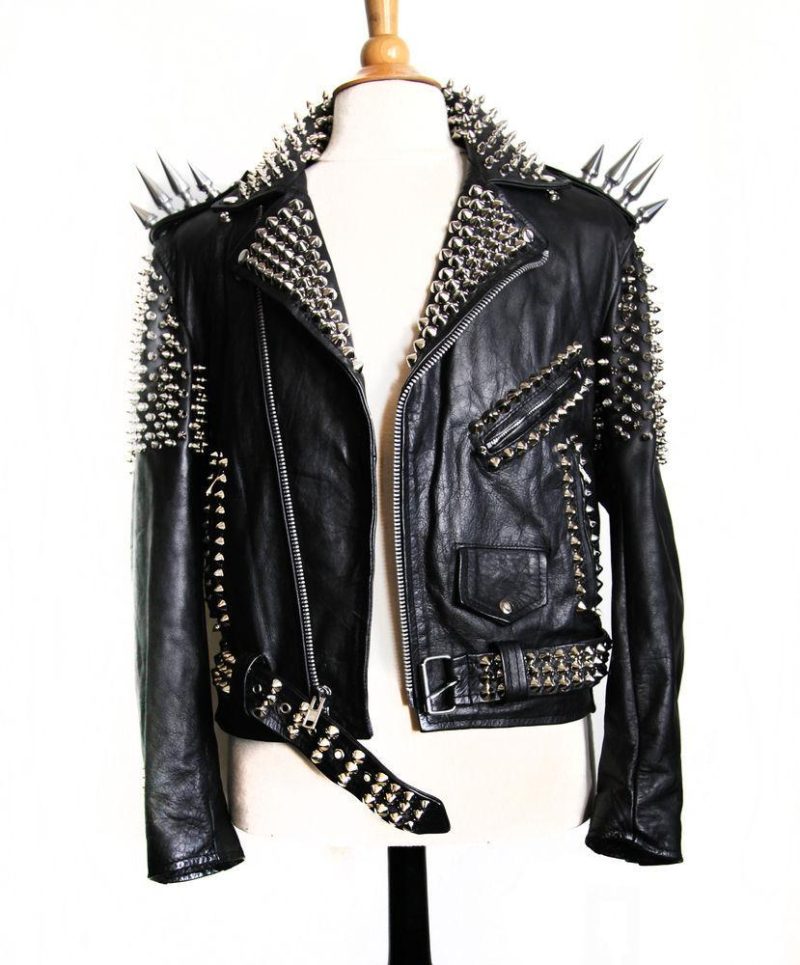 HandmadeWomenBlackColorSilverStuddedLeatherJacket