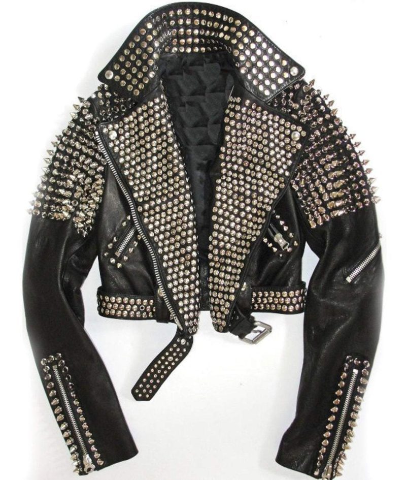 HandmadeWomenBlackLeatherRockWomenSteamPunkStyleStuddedBikerJacketSilverLongStudsSpikedJacket 389