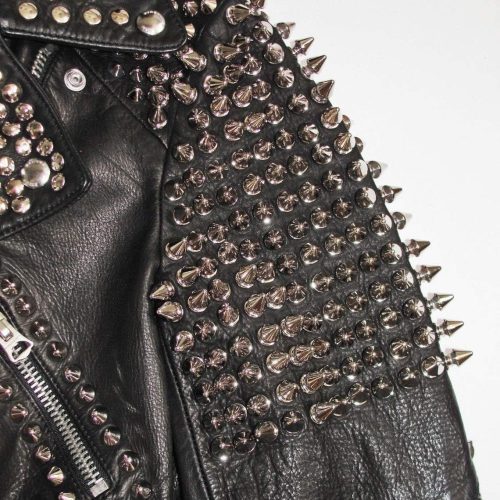 HandmadeWomenBlackLeatherRockWomenSteamPunkStyleStuddedBikerJacketSilverLongStudsSpikedJacket 389 33