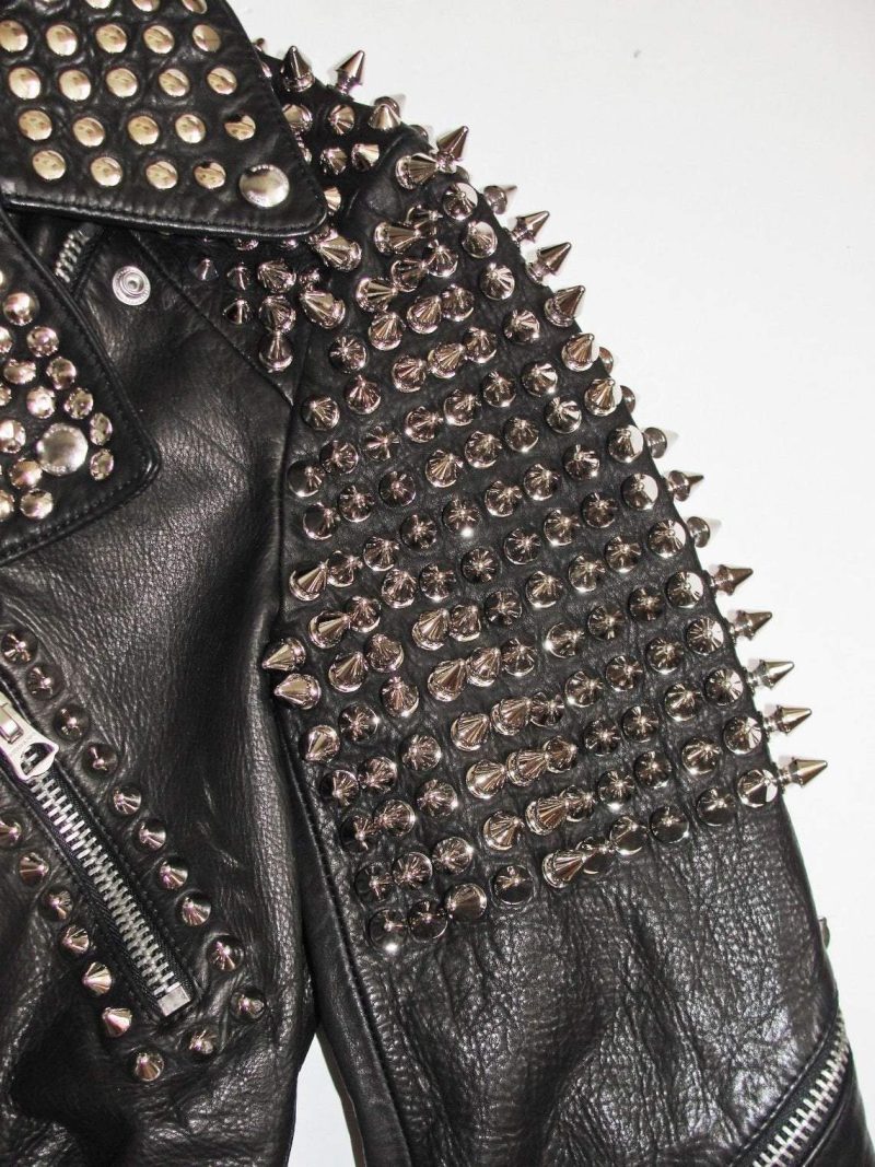 HandmadeWomenBlackLeatherRockWomenSteamPunkStyleStuddedBikerJacketSilverLongStudsSpikedJacket 389 33