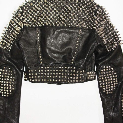 HandmadeWomenBlackLeatherRockWomenSteamPunkStyleStuddedBikerJacketSilverLongStudsSpikedJacket 389 5