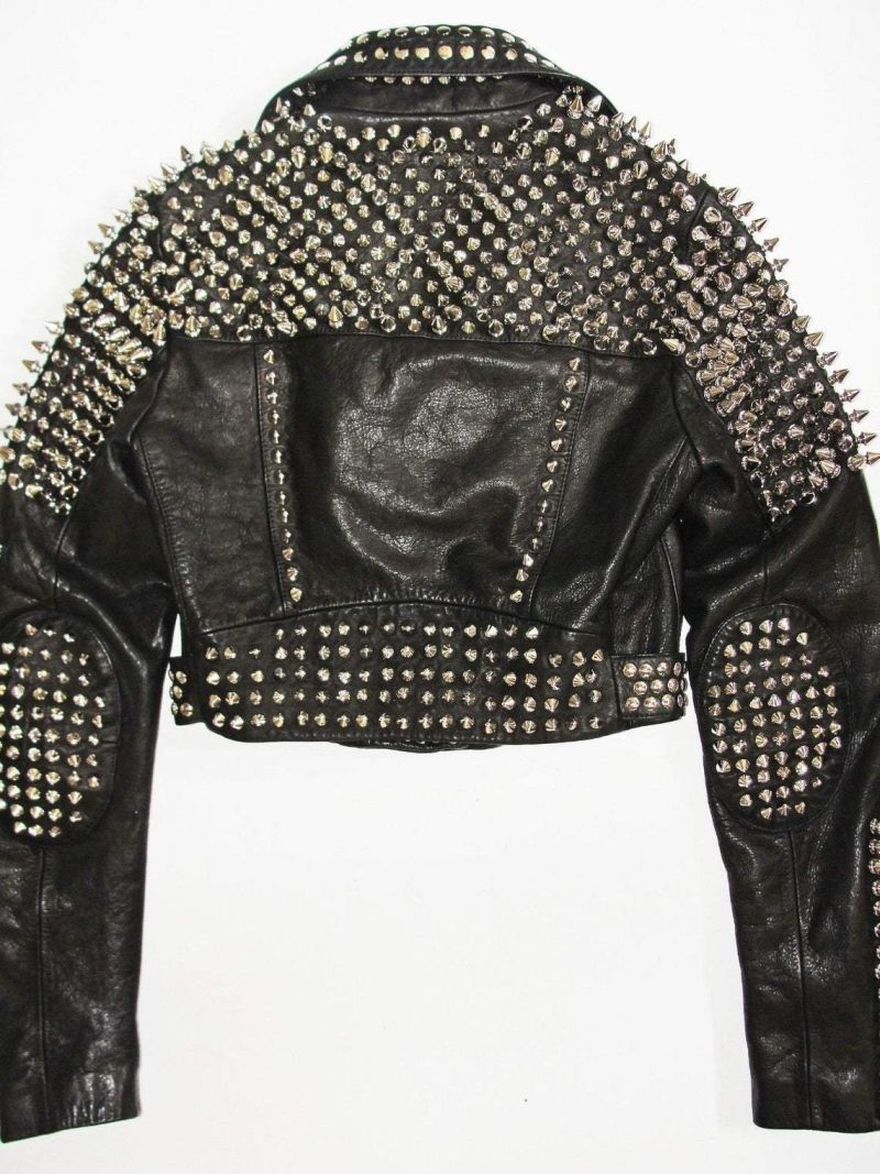 HandmadeWomenBlackLeatherRockWomenSteamPunkStyleStuddedBikerJacketSilverLongStudsSpikedJacket 389 5