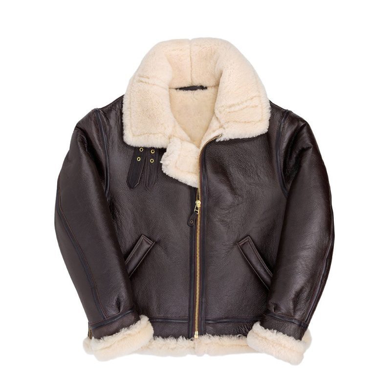 Hooded Sheepskin Bomber Brown Front Closed