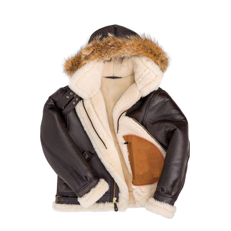 Hooded Sheepskin Bomber Brown Front Open