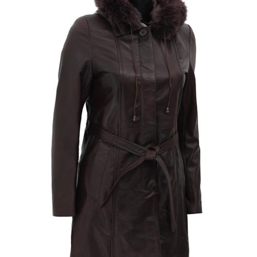 Hooded fur collar leather coat women