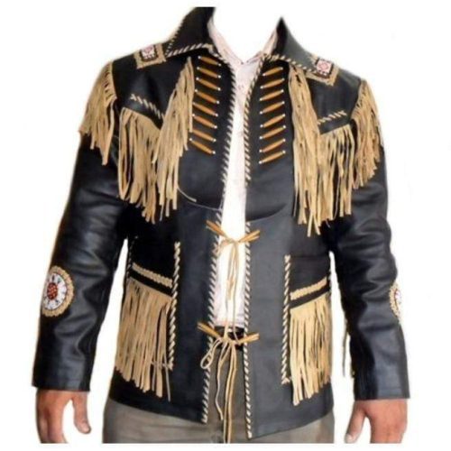 Men's Leather Jacket Western Wear Cowboy Black Beige Fringe Jacket - Shearling leather