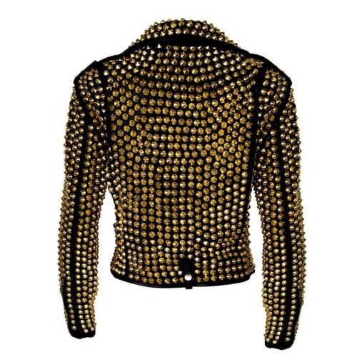 Luxury Woman Black Punk Golden Studded Cowhide Leather Jacket1310