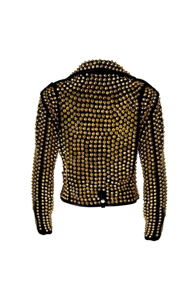 Luxury Woman Black Punk Golden Studded Cowhide Leather Jacket1310