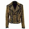 Luxury Woman Black Punk Golden Studded Cowhide Leather Jacket - Shearling leather