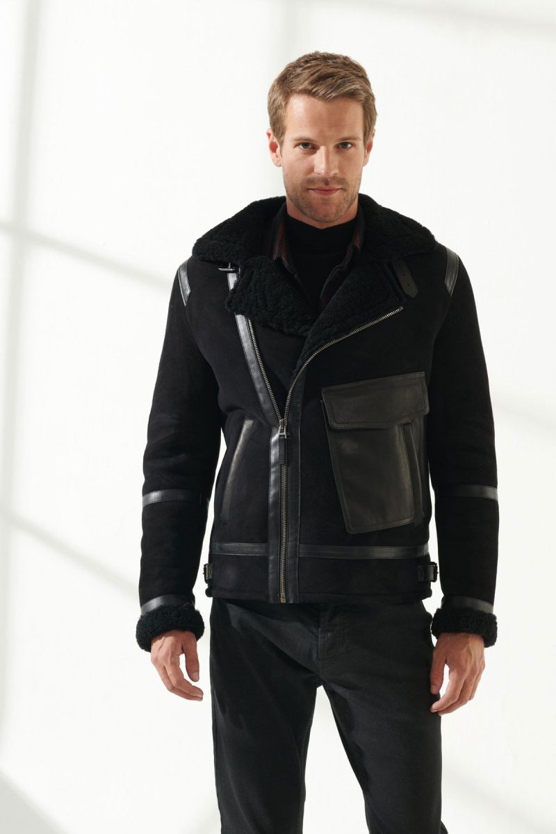 Men Aviator Black Shearling Jacket