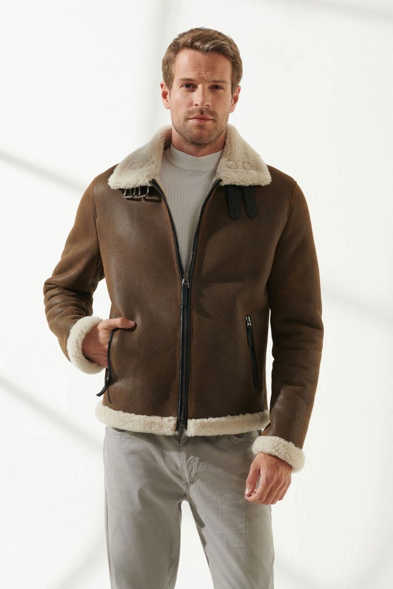 Men Aviator Tan Off White Shearling Jacket