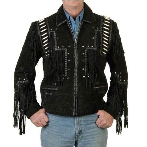 Men Black Cowboy Suede Leather JacketCowboy Style Suede Jacket With Fringe