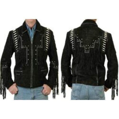 Men Black Cowboy Suede Leather JacketCowboy Style Suede Jacket With Fringe BACK SIDE