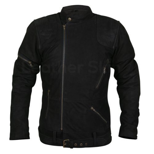 Men Black Suede Belted Leather Jacket with Zippers on Shoulders 2