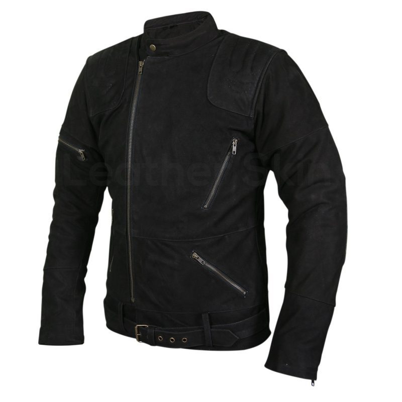 Men Black Suede Belted Leather Jacket with Zippers on Shoulders 4