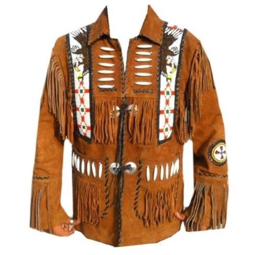 Men Brown Eagle Beads Western Cowboy Suede Leather Tan Jacket, Fringes Jacket - Shearling leather