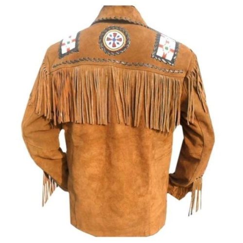 Men Brown Eagle Beads Western Cowboy Suede Leather Jacket Fringes Jacket BACK SIDE