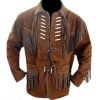 Men's Brown Suede Western Jacket, Suede Leather Jacket , Suede Cowboy Fringe Jacket - Shearling leather