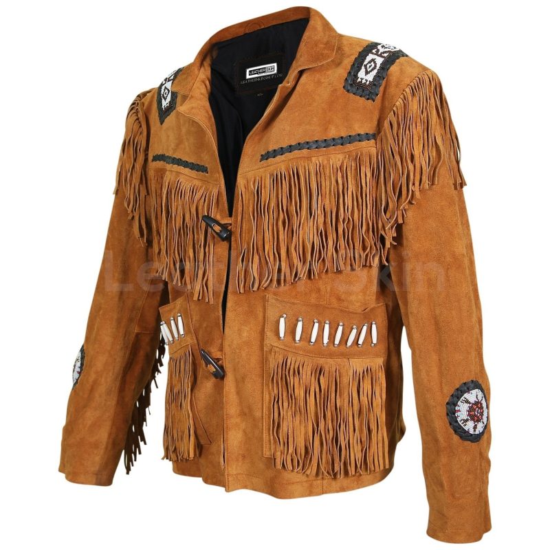 Men Brown Western Fringes with white beads decoration 2