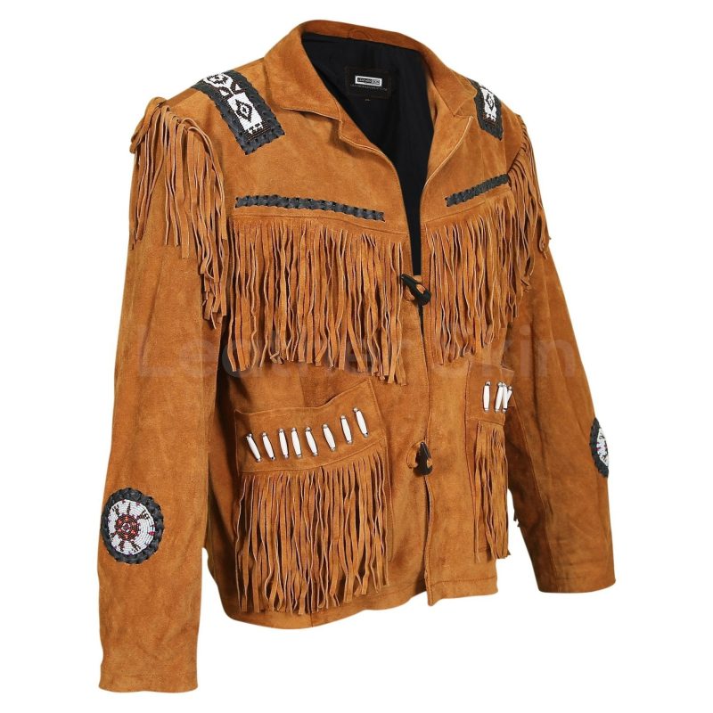 Men Brown Western Fringes with white beads decoration 3